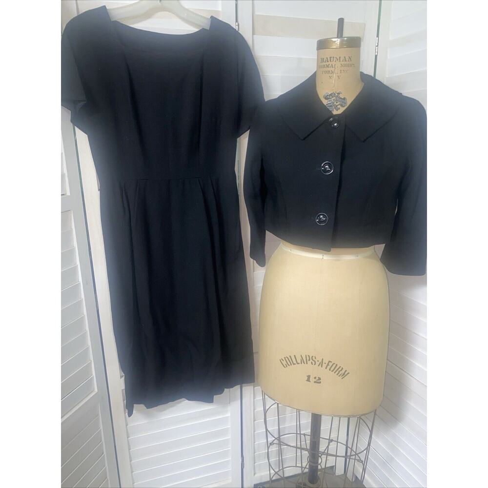 Vintage 50s Handmade Silk Black 2 Piece Pencil Dress Jacket Size Small/Medium